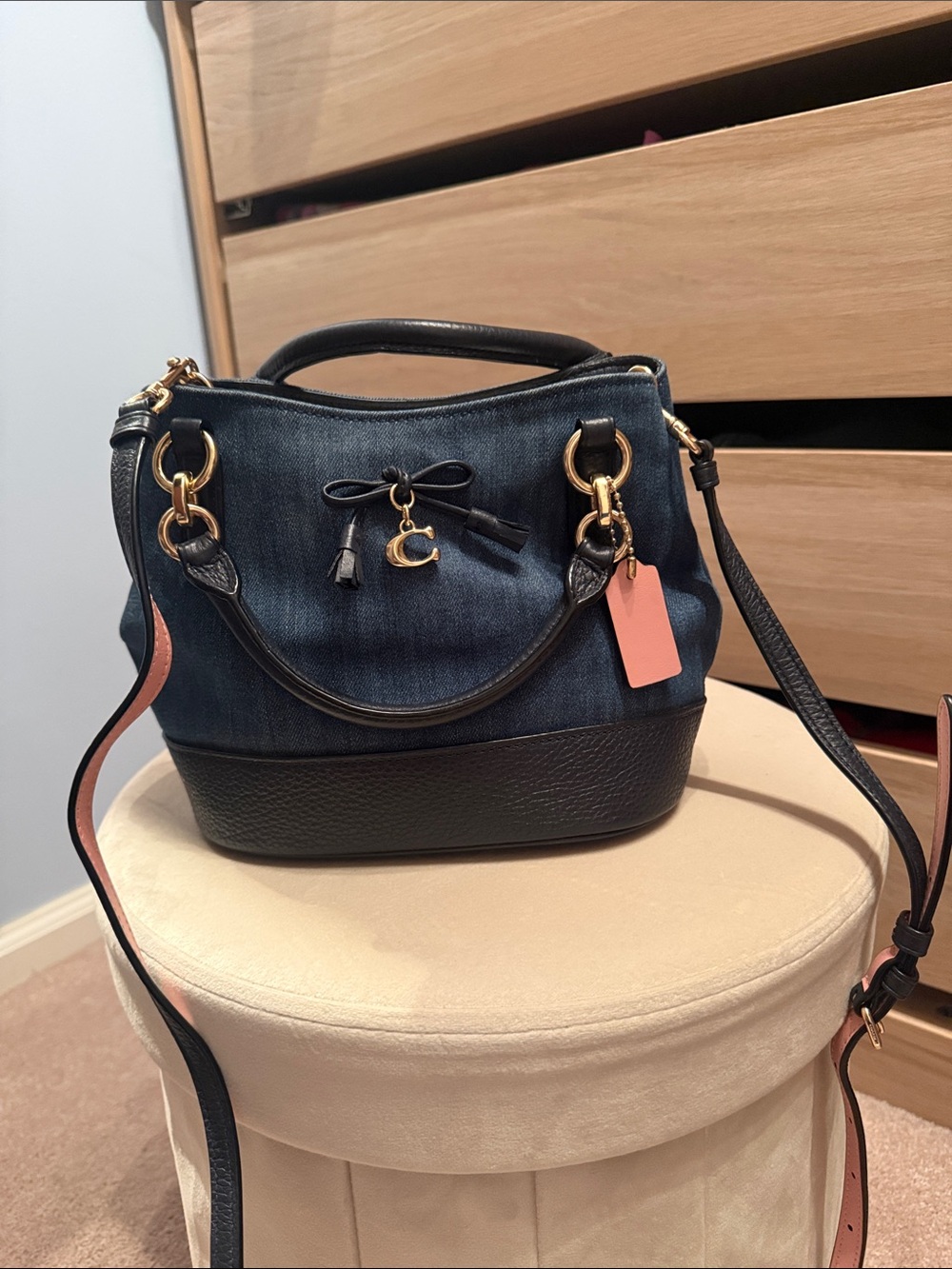 Coach Navy Denim & Black Leather Satchel with Pink Tag